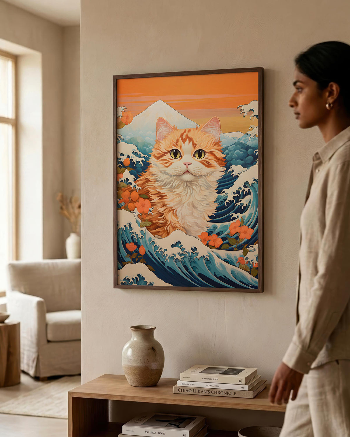 Ukiyo-e Cat in a dark wood frame