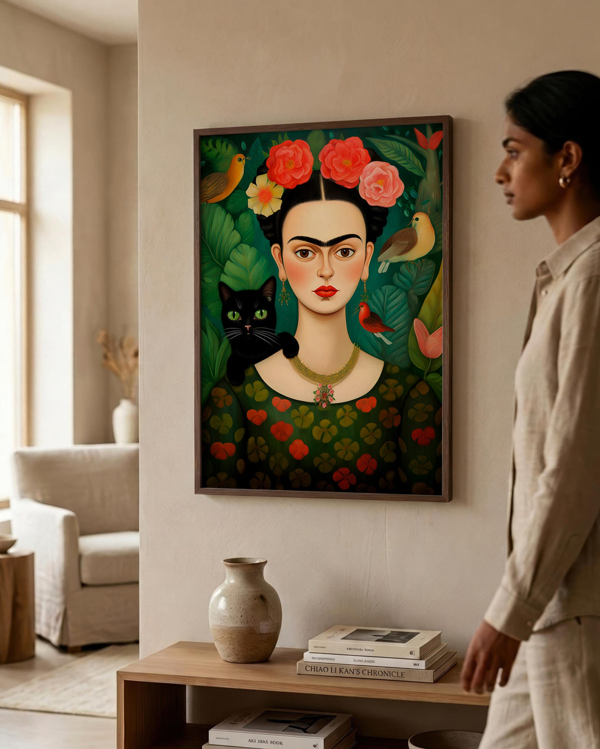 Flower-Crowned Woman & Black Cat in a dark wood frame
