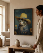 Cat in a Straw Hat in a dark wood frame
