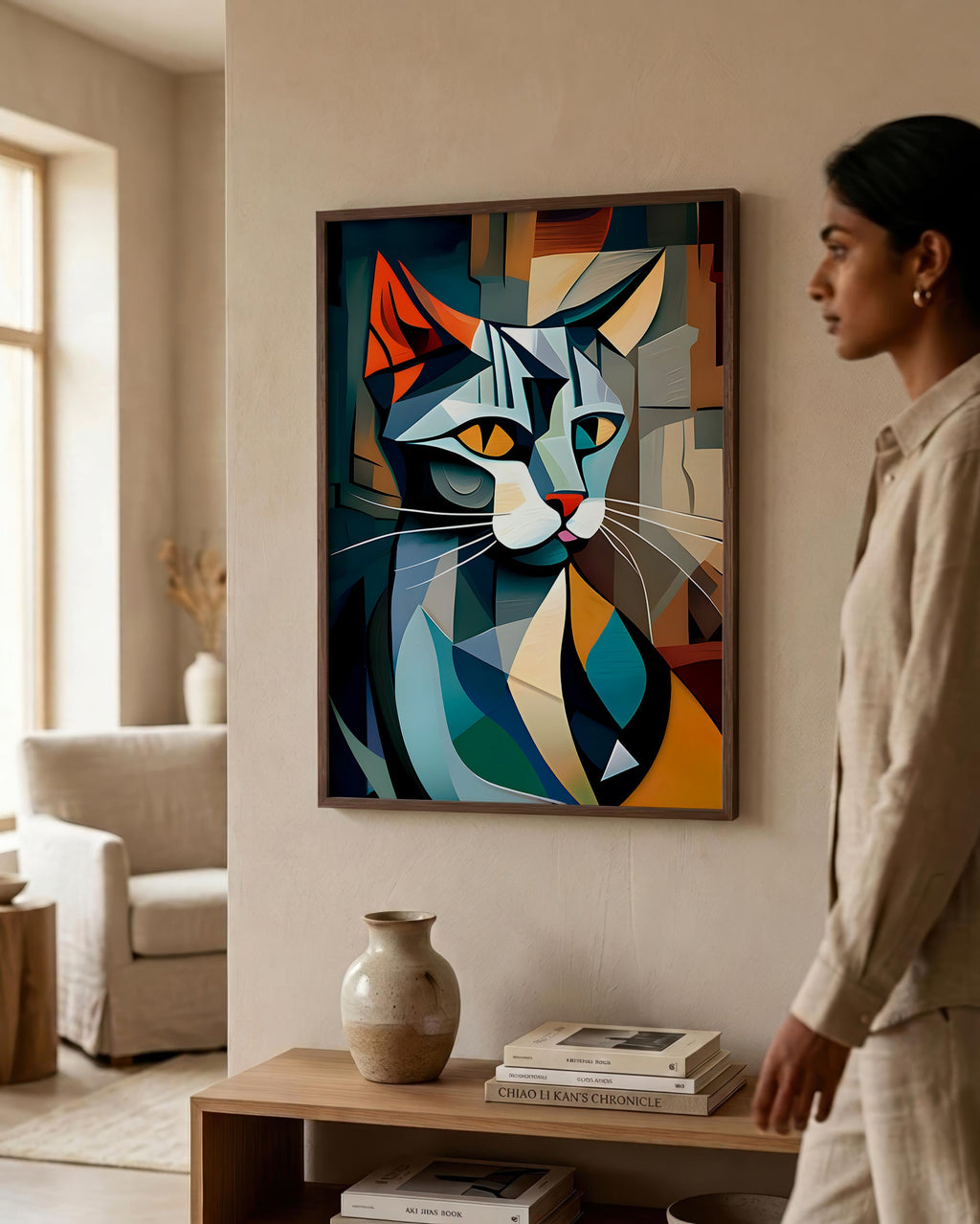 Many-Angled Cat in a dark wood frame