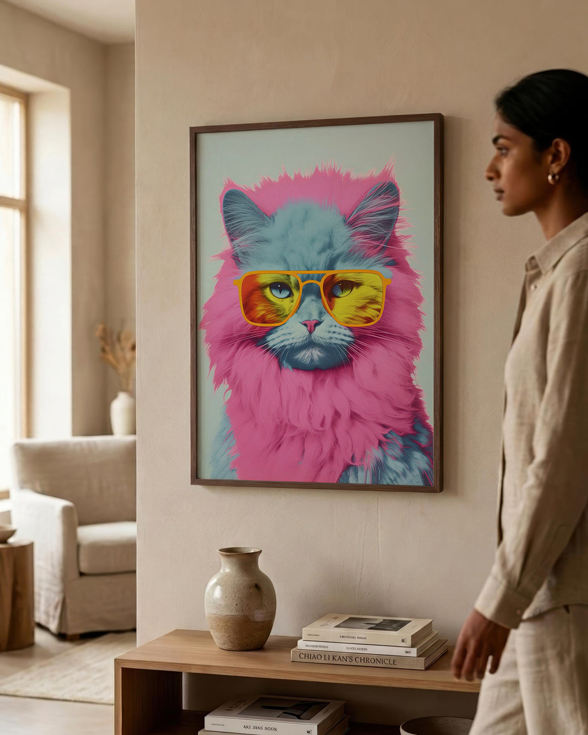 Pop Icon Cat in a dark wood frame