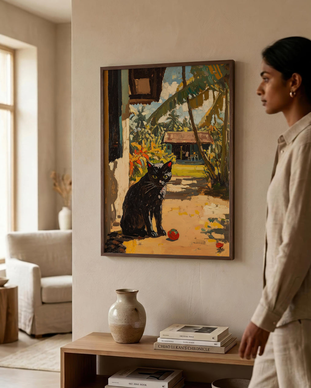 Black Cat in Gauguin Color in a dark wood frame
