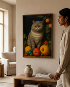 The Contented Gray Cat in a dark wood frame
