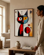 Playful Cat in Primary Colors in a dark wood frame