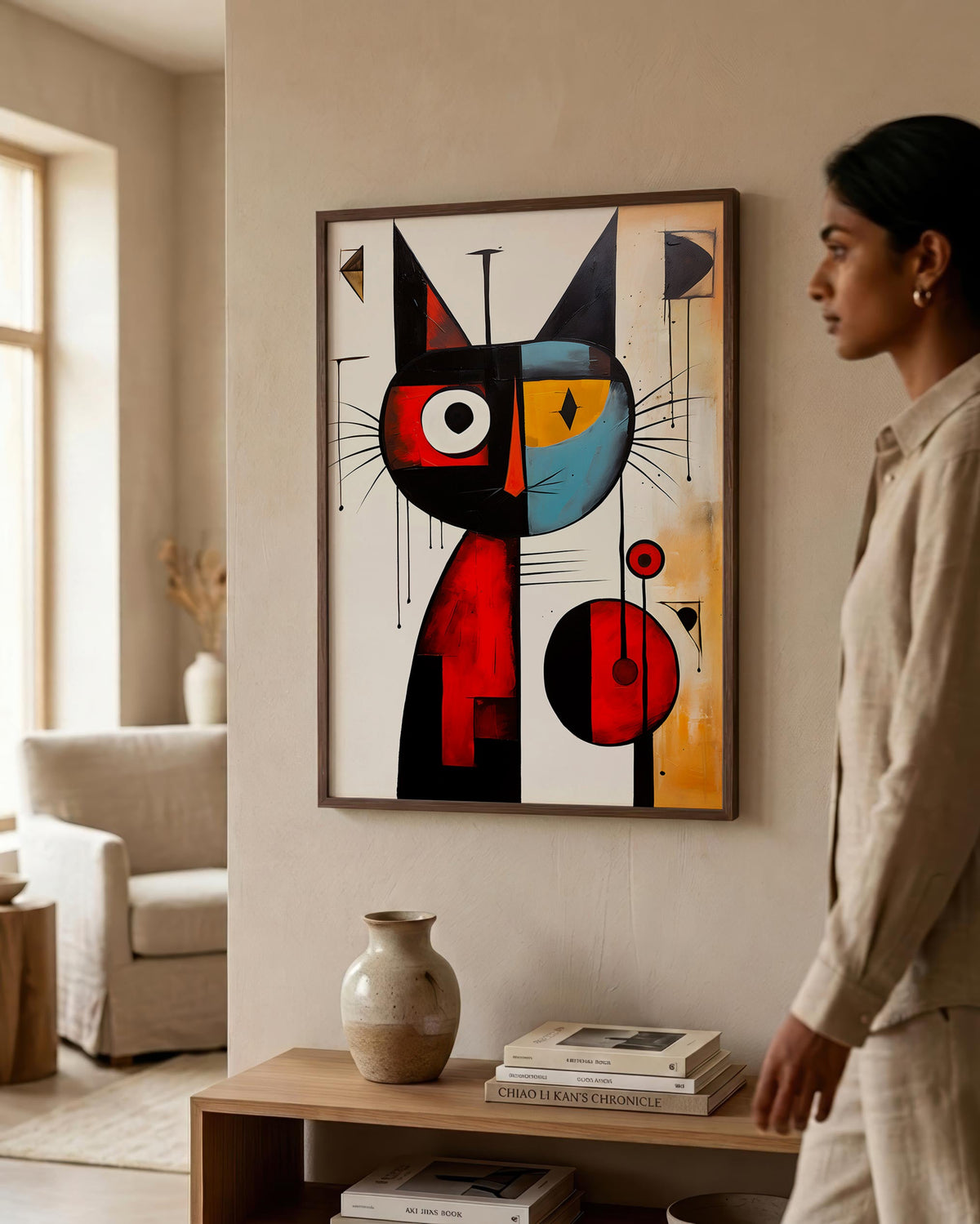 Playful Cat in Primary Colors in a dark wood frame