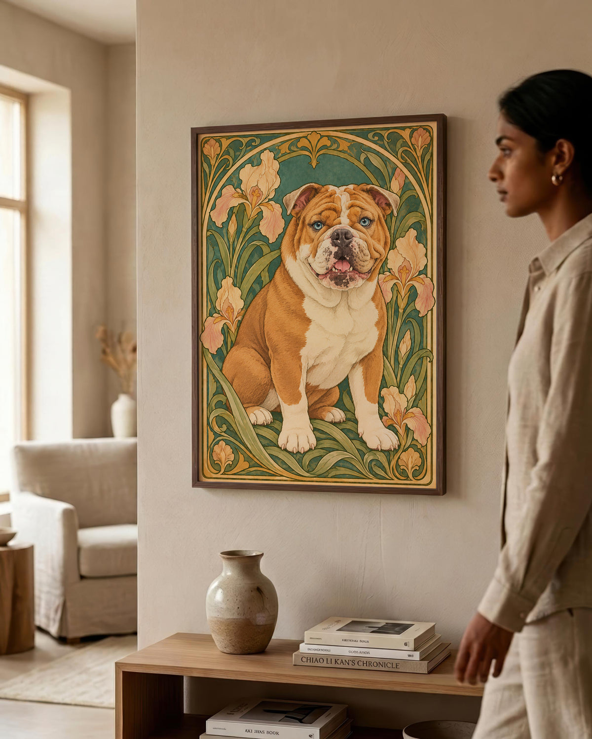 A framed art print of an English Bulldog in an Art Nouveau style, hanging on a beige wall in a modern living room setting. A woman is standing to the right of the frame, looking at the artwork.