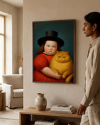 Girl & Her Unimpressed Ginger Cat in a dark wood frame