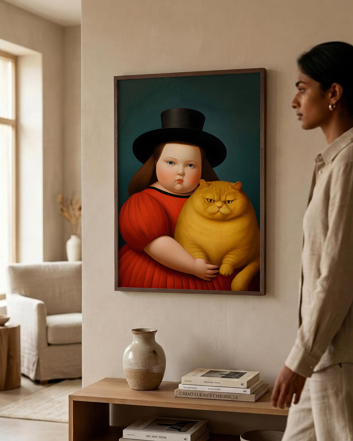 Girl & Her Unimpressed Ginger Cat in a dark wood frame
