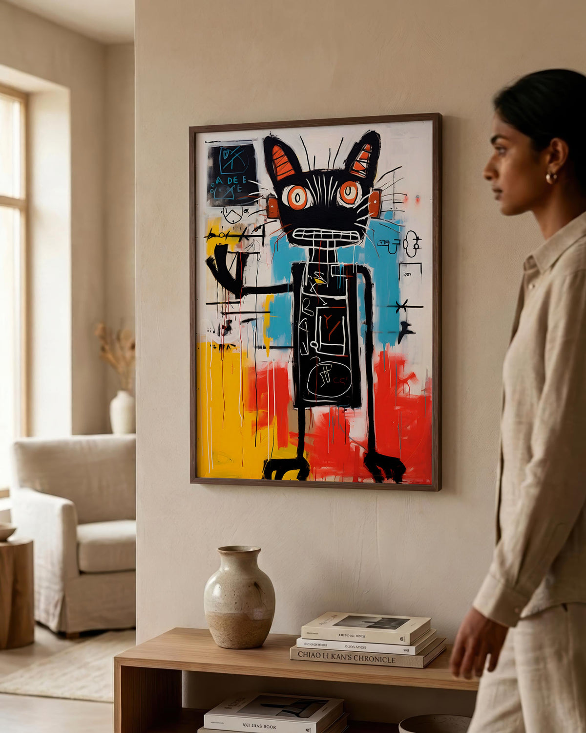 Black Cat in Bold Abstract Color in a dark wood frame