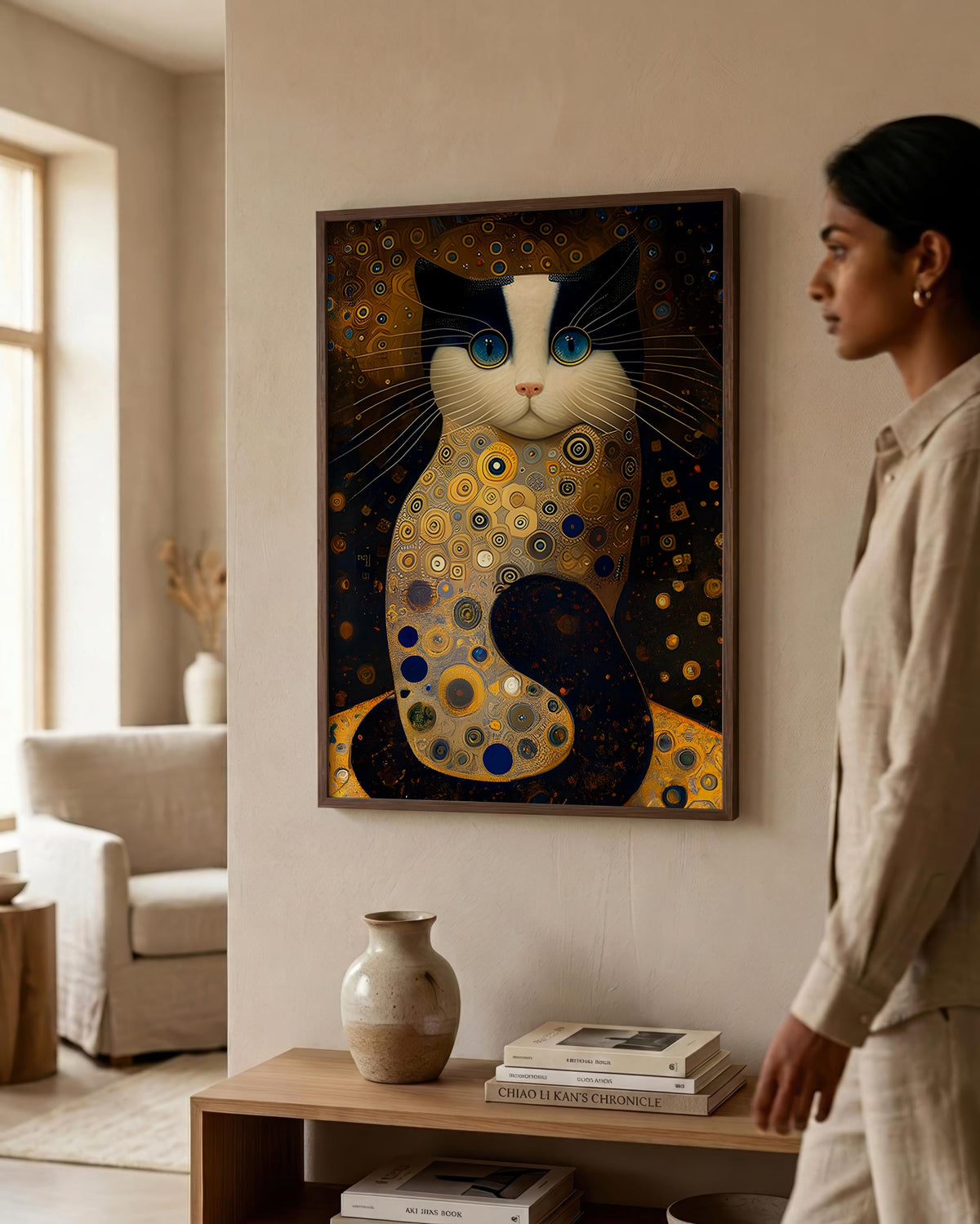 Golden Cat after Klimt in a dark wood frame