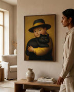 Boy & His Reluctant Black Cat in a dark wood frame