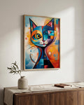 Geometric Cat after Kandinsky in a natural wood frame