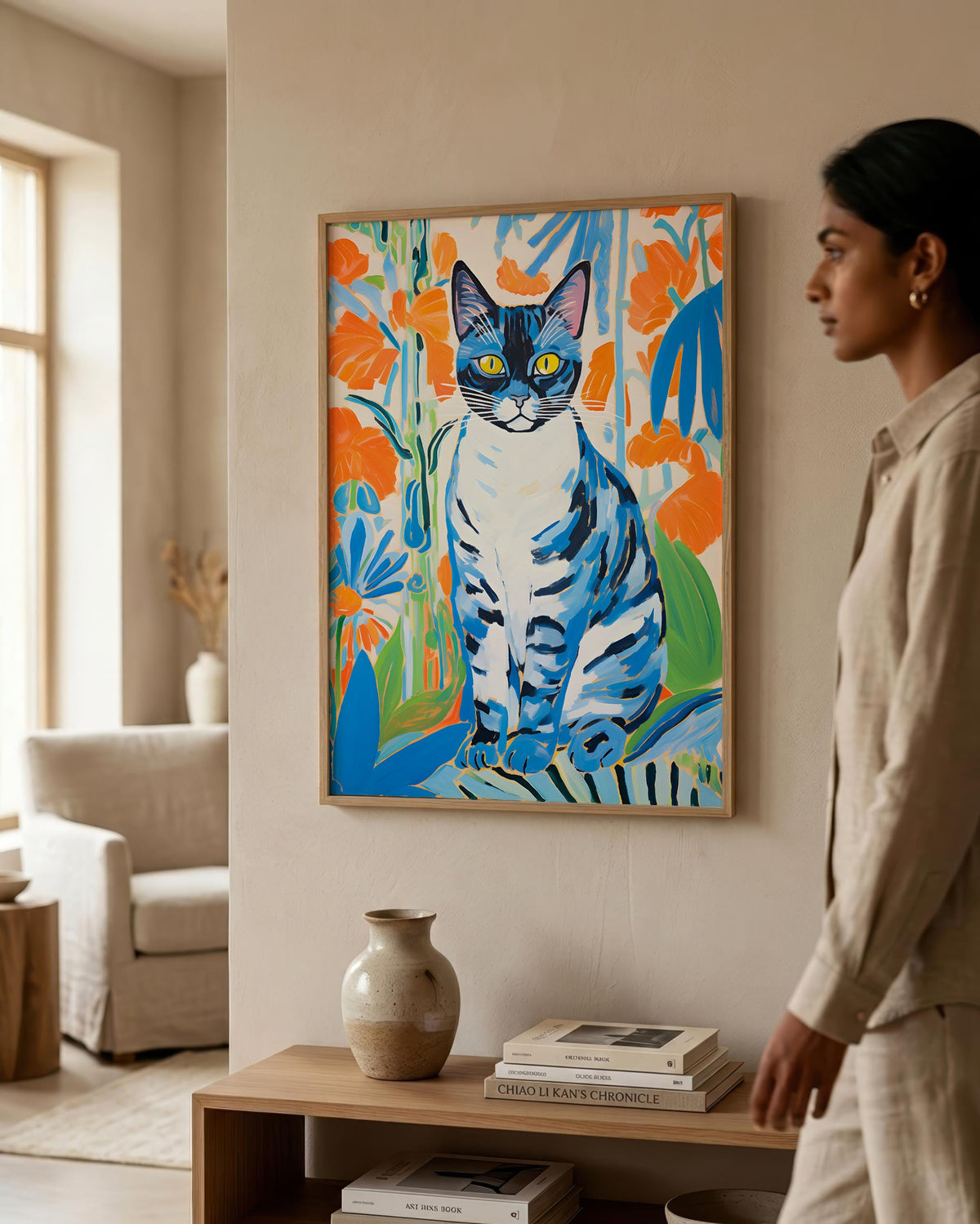 Blue Cat in Matisse-Inspired Cut-Outs in a natural wood frame (2)