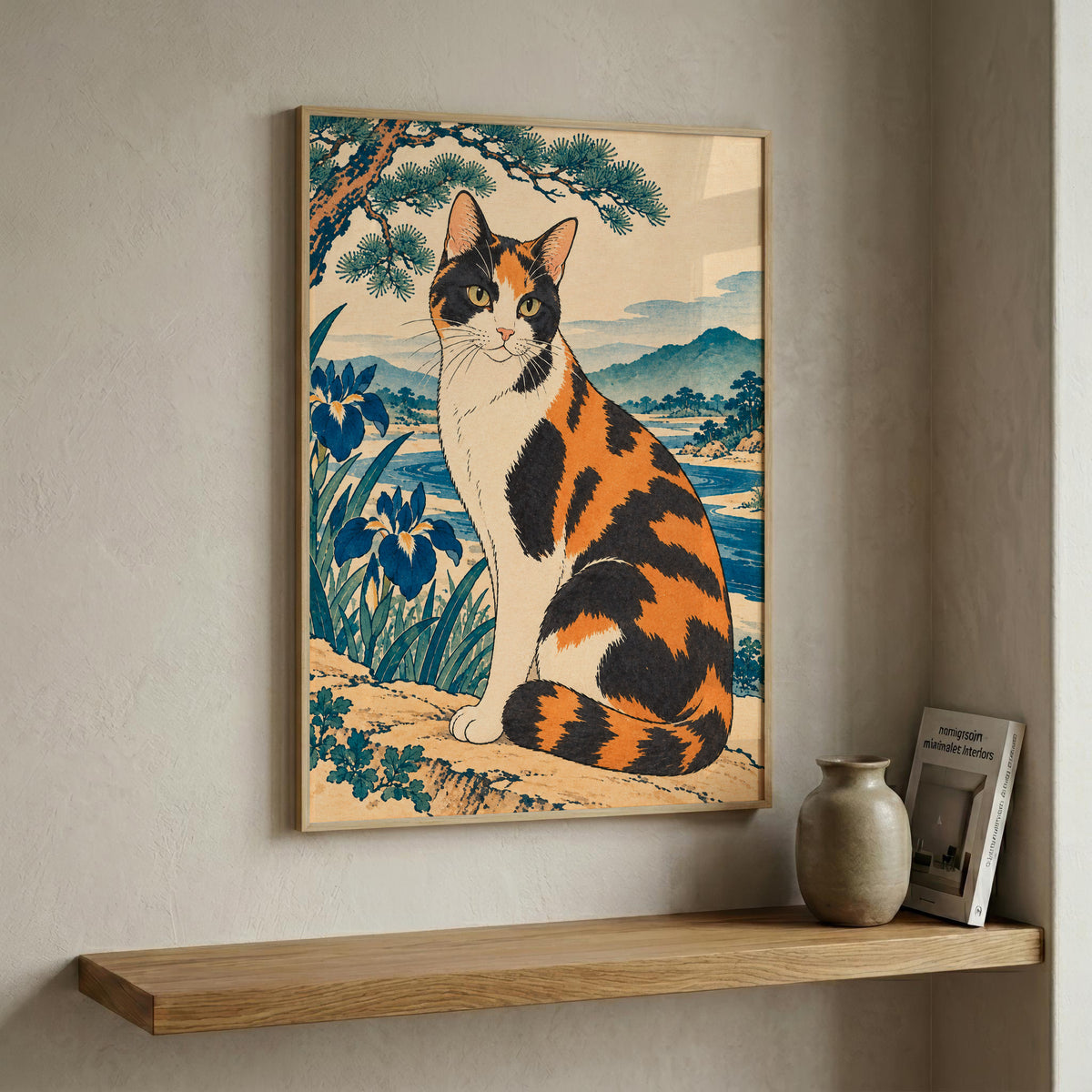 A framed art print featuring a traditional Japanese-style illustration of a calico cat, displayed on a beige wall above a wooden floating shelf with a small vase and framed book.