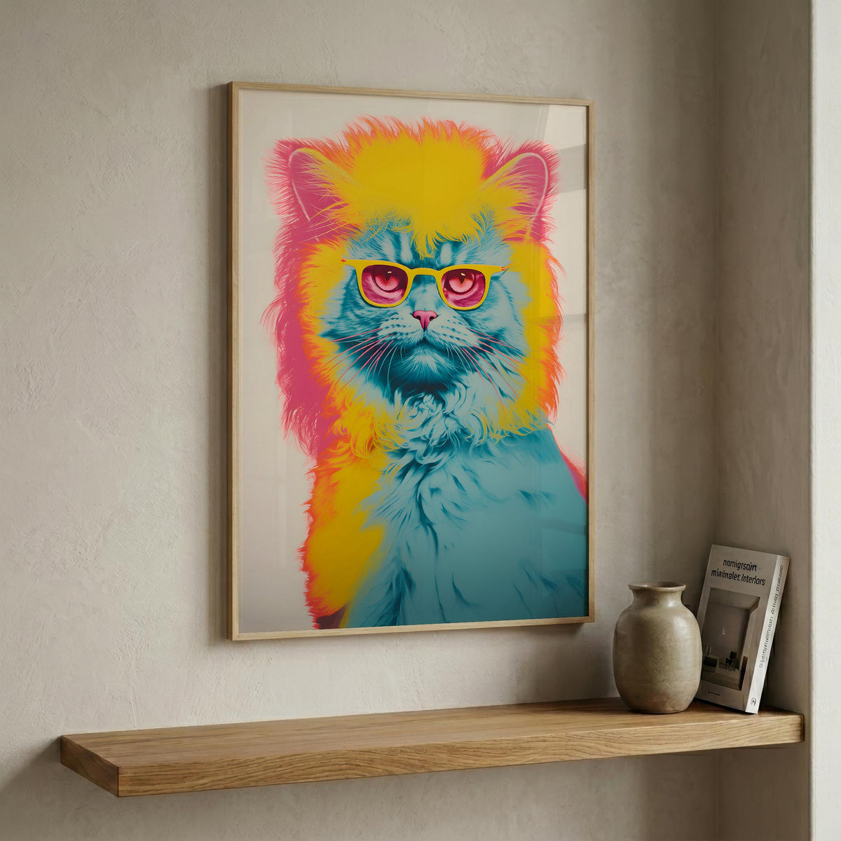 Retro Screenprint Cat in a natural wood frame