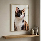 A framed vertical art print of a calico cat hangs on a textured beige wall above a wooden floating shelf, next to a small ceramic vase and a book.