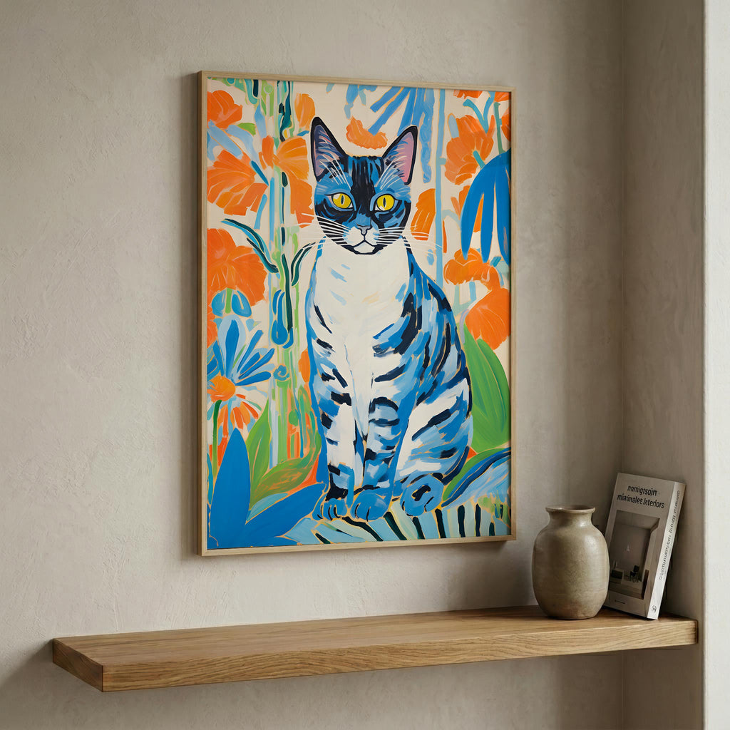 Blue Cat in Matisse-Inspired Cut-Outs in a natural wood frame