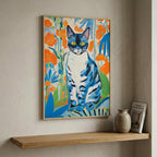 Blue Cat in Matisse-Inspired Cut-Outs in a natural wood frame