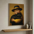 Boy & His Reluctant Black Cat in a natural wood frame