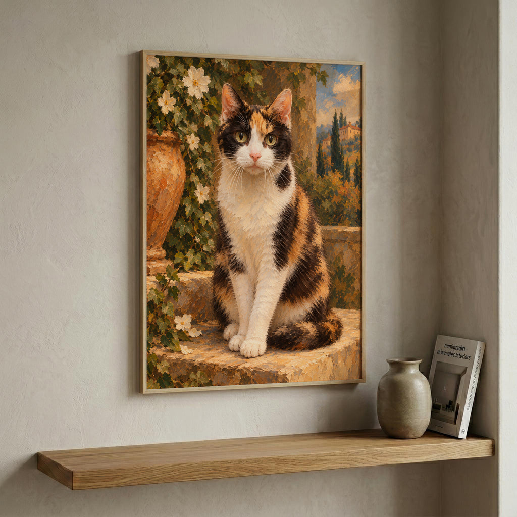A framed canvas print of a calico cat painting is displayed on a textured gray wall above a wooden floating shelf with decorative ceramic vases and a book.