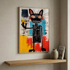Black Cat in Bold Abstract Color in a natural wood frame