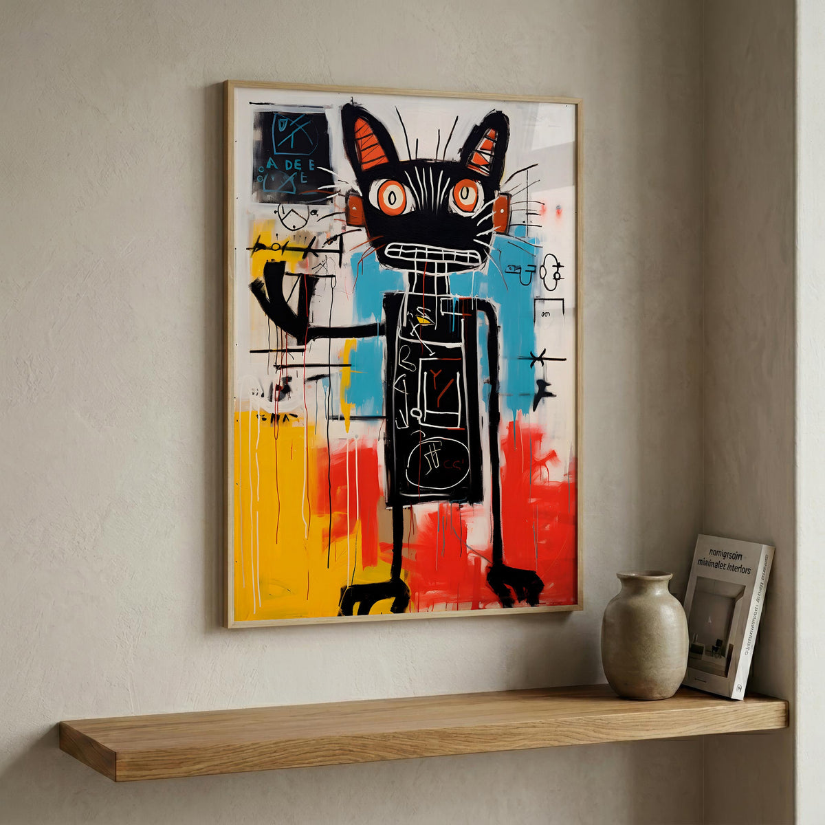 Black Cat in Bold Abstract Color in a natural wood frame