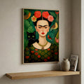 Flower-Crowned Woman & Black Cat in a natural wood frame