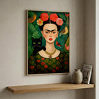 Flower-Crowned Woman & Black Cat in a natural wood frame