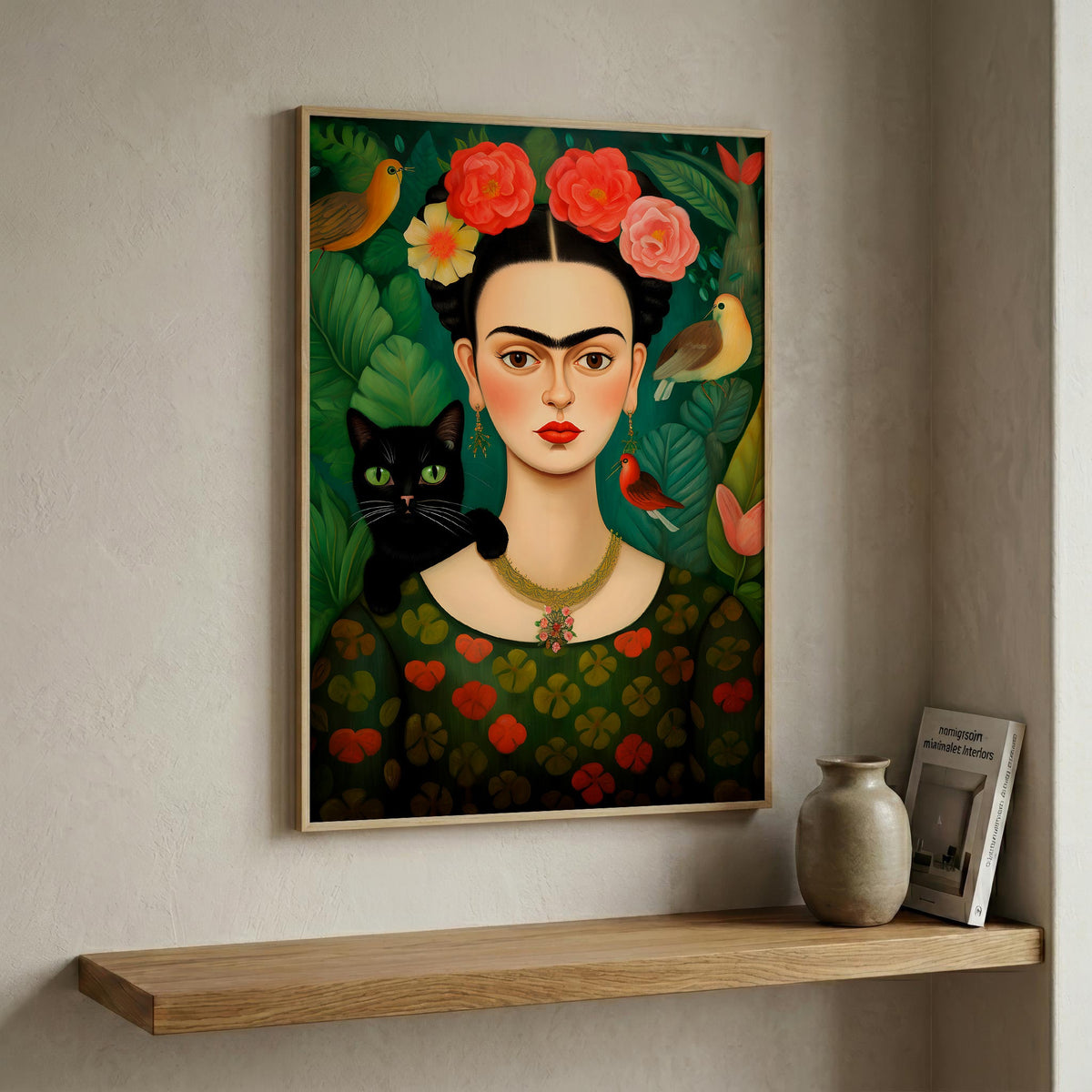 Flower-Crowned Woman & Black Cat in a natural wood frame