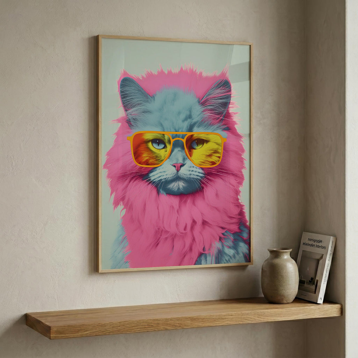 Pop Icon Cat in a natural wood frame
