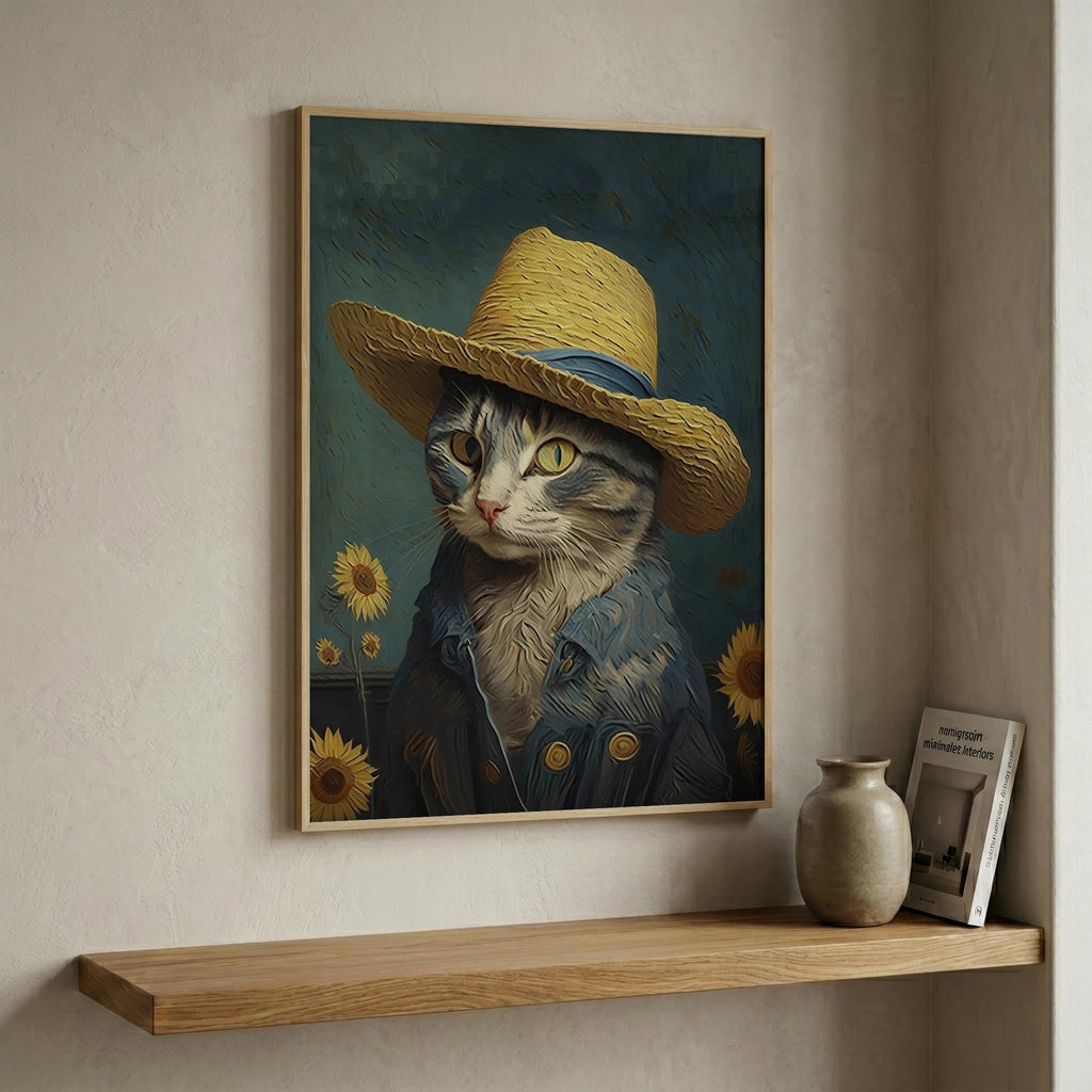 Cat in a Straw Hat in a natural wood frame