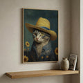 Cat in a Straw Hat in a natural wood frame