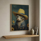 Cat in a Straw Hat in a natural wood frame