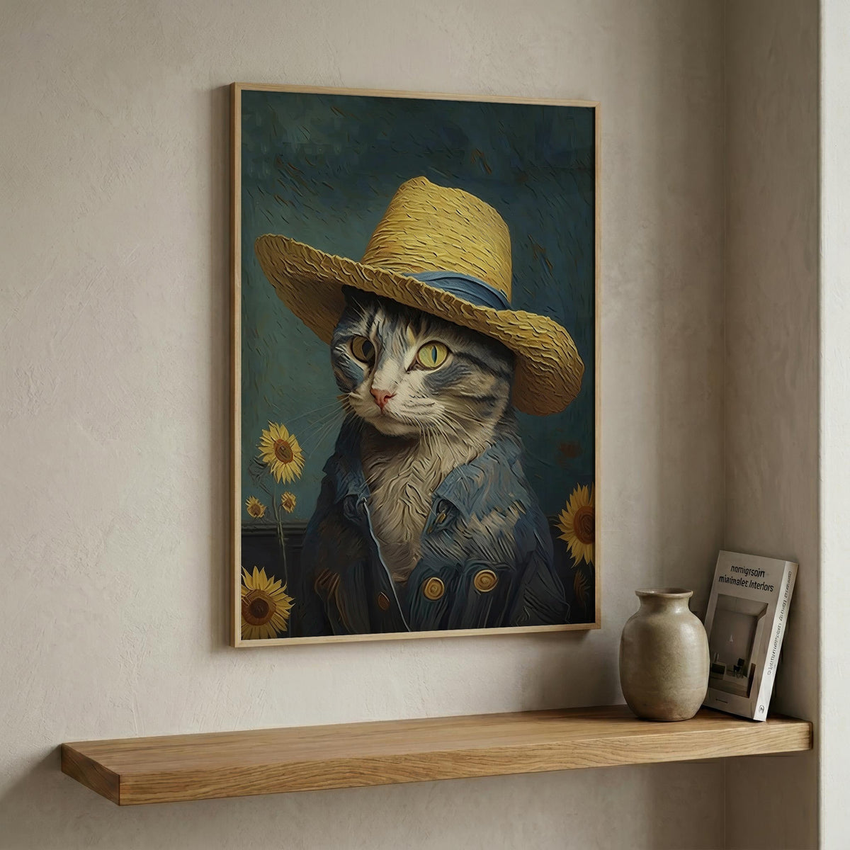 Cat in a Straw Hat in a natural wood frame
