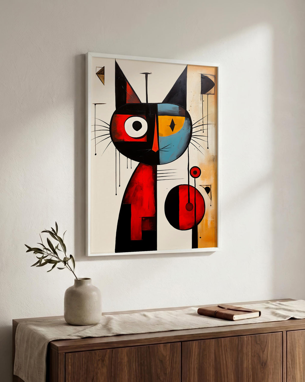 Playful Cat in Primary Colors in a white wood frame