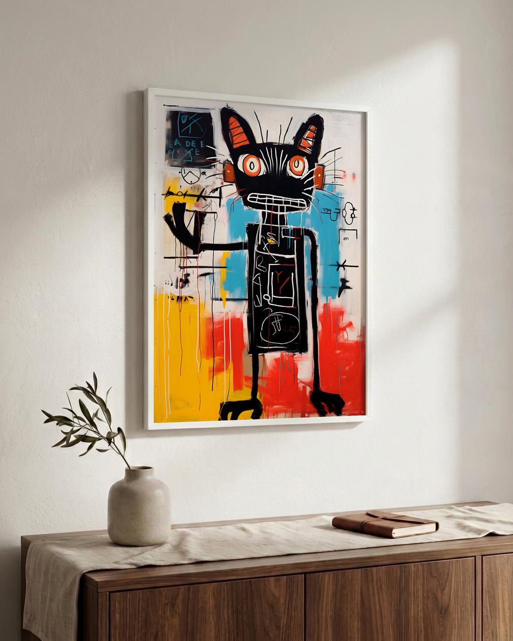 Black Cat in Bold Abstract Color in a white wood frame