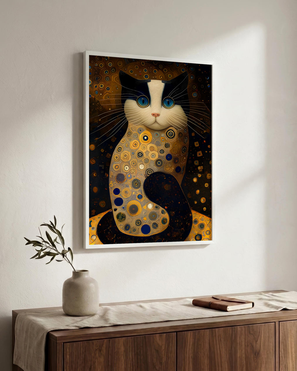 Golden Cat after Klimt in a white wood frame