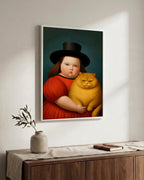 Girl & Her Unimpressed Ginger Cat in a white wood frame