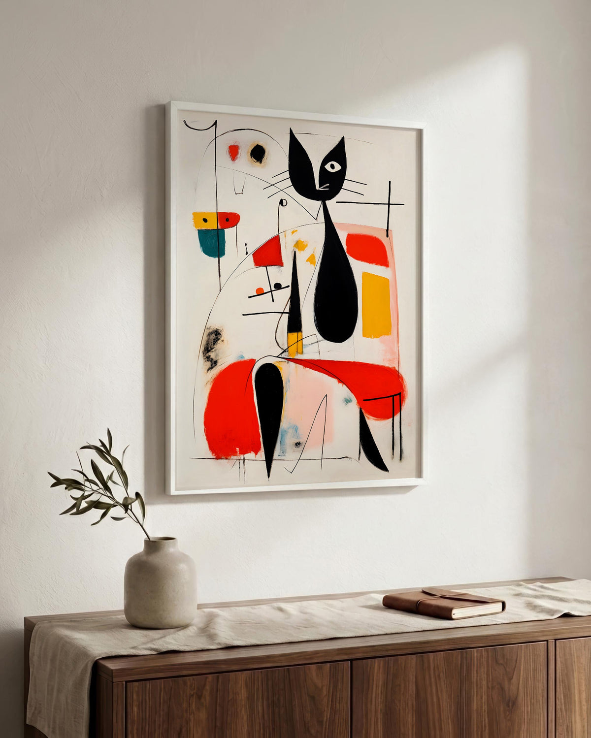 Woman & Cat in Vivid Abstract in a white wood frame