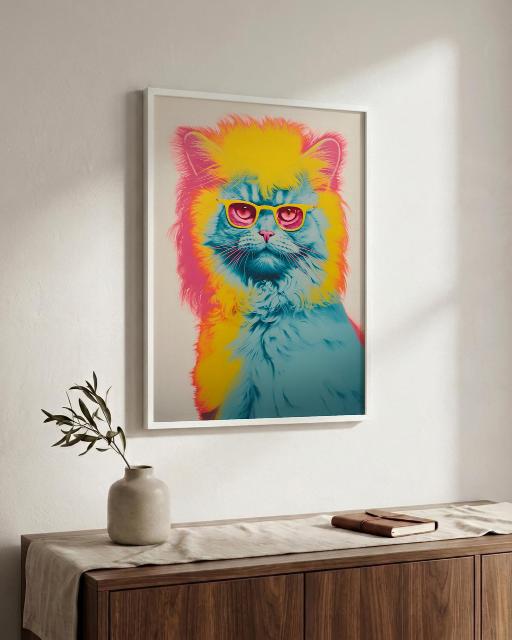 Retro Screenprint Cat in a white wood frame