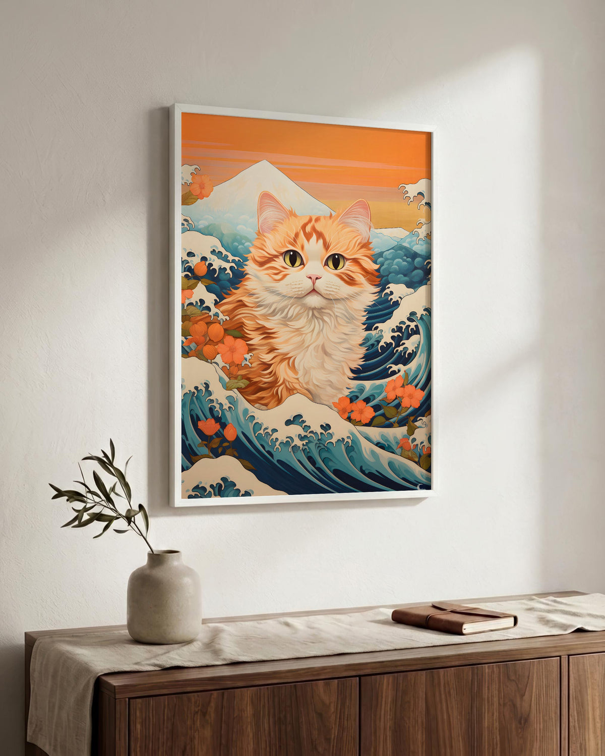 Ukiyo-e Cat in a white wood frame