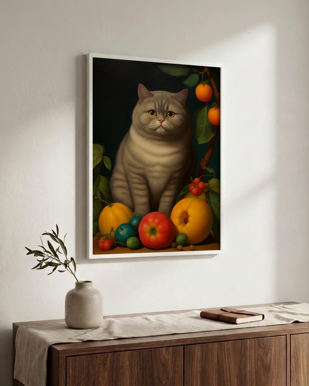 The Contented Gray Cat in a white wood frame