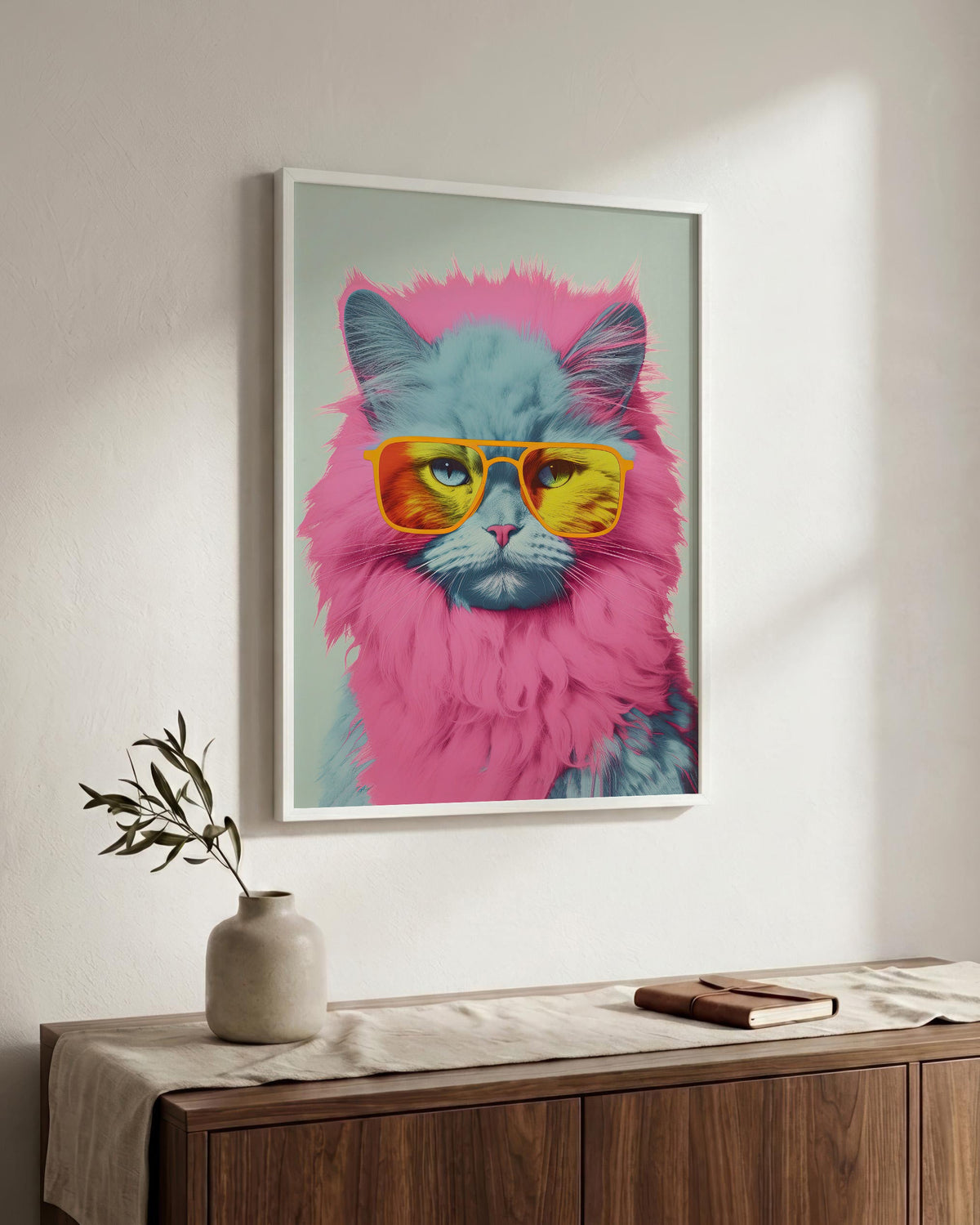Pop Icon Cat in a white wood frame