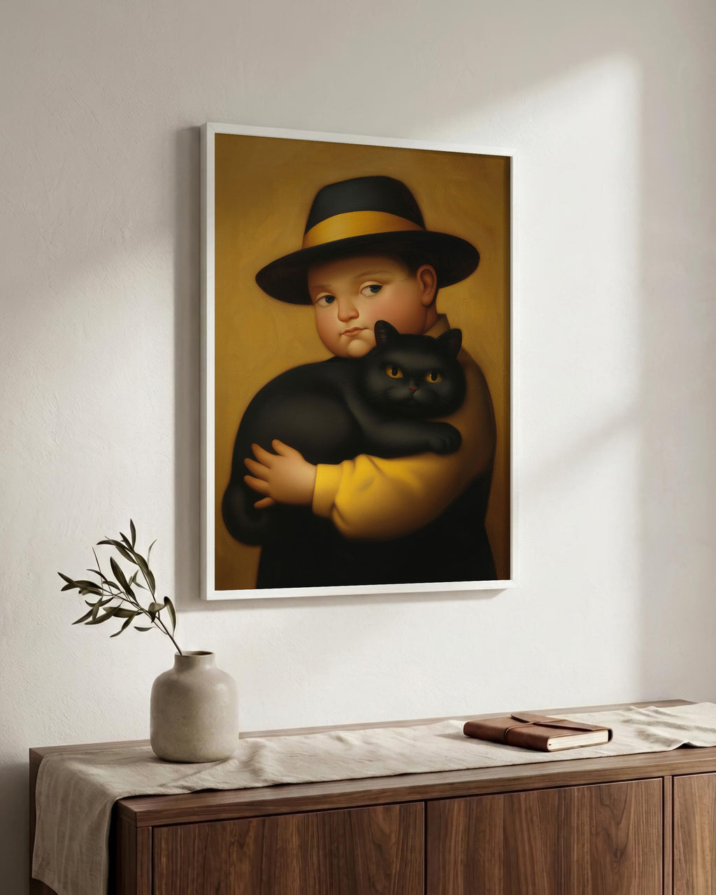 Boy & His Reluctant Black Cat in a white wood frame