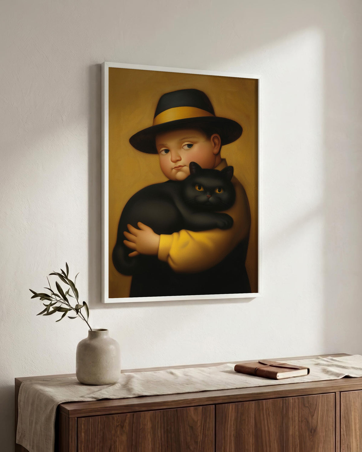 Boy & His Reluctant Black Cat in a white wood frame