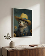 Cat in a Straw Hat in a white wood frame