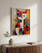Mondrian Grid Cat No. 2 in a white wood frame