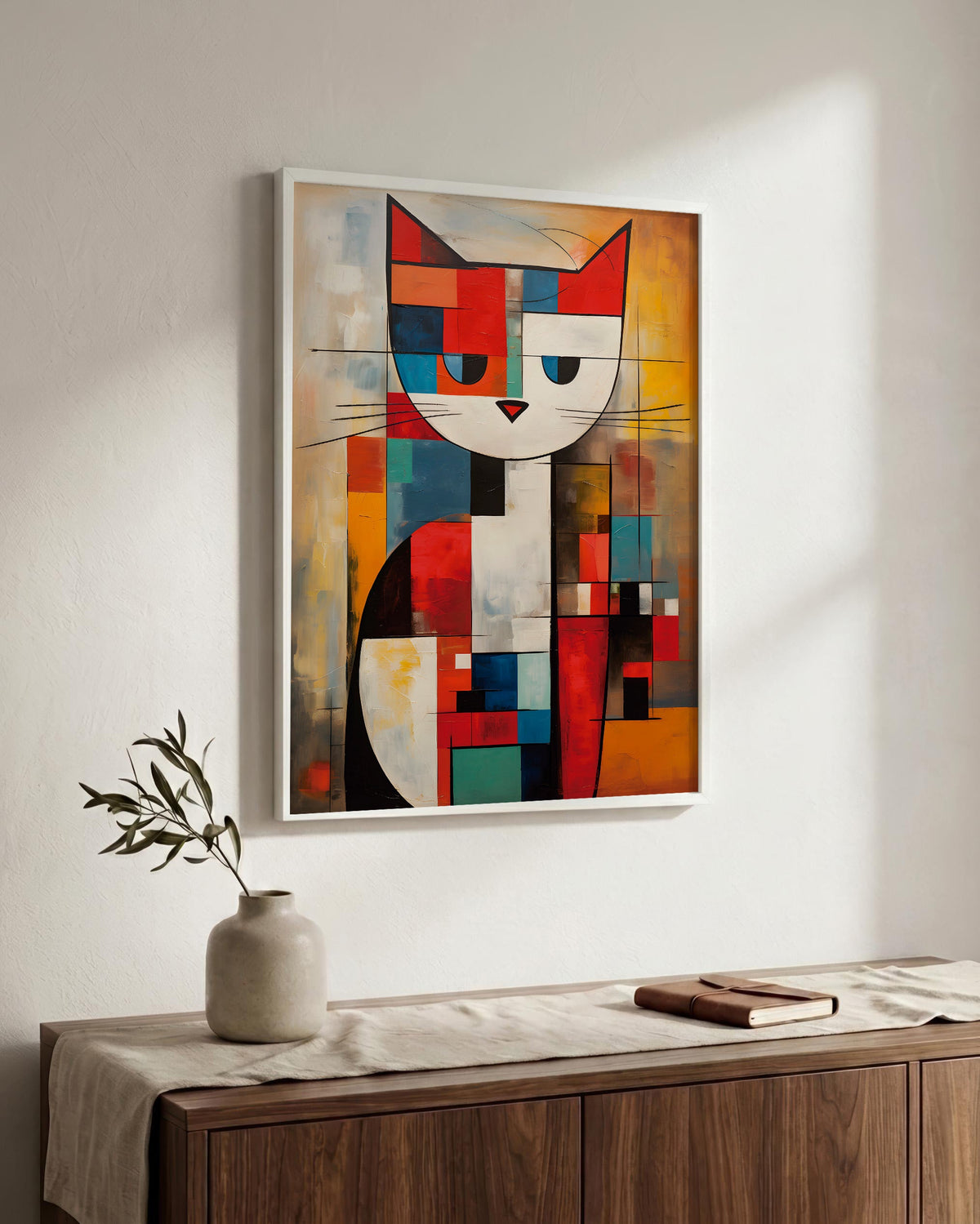 Mondrian Grid Cat No. 2 in a white wood frame