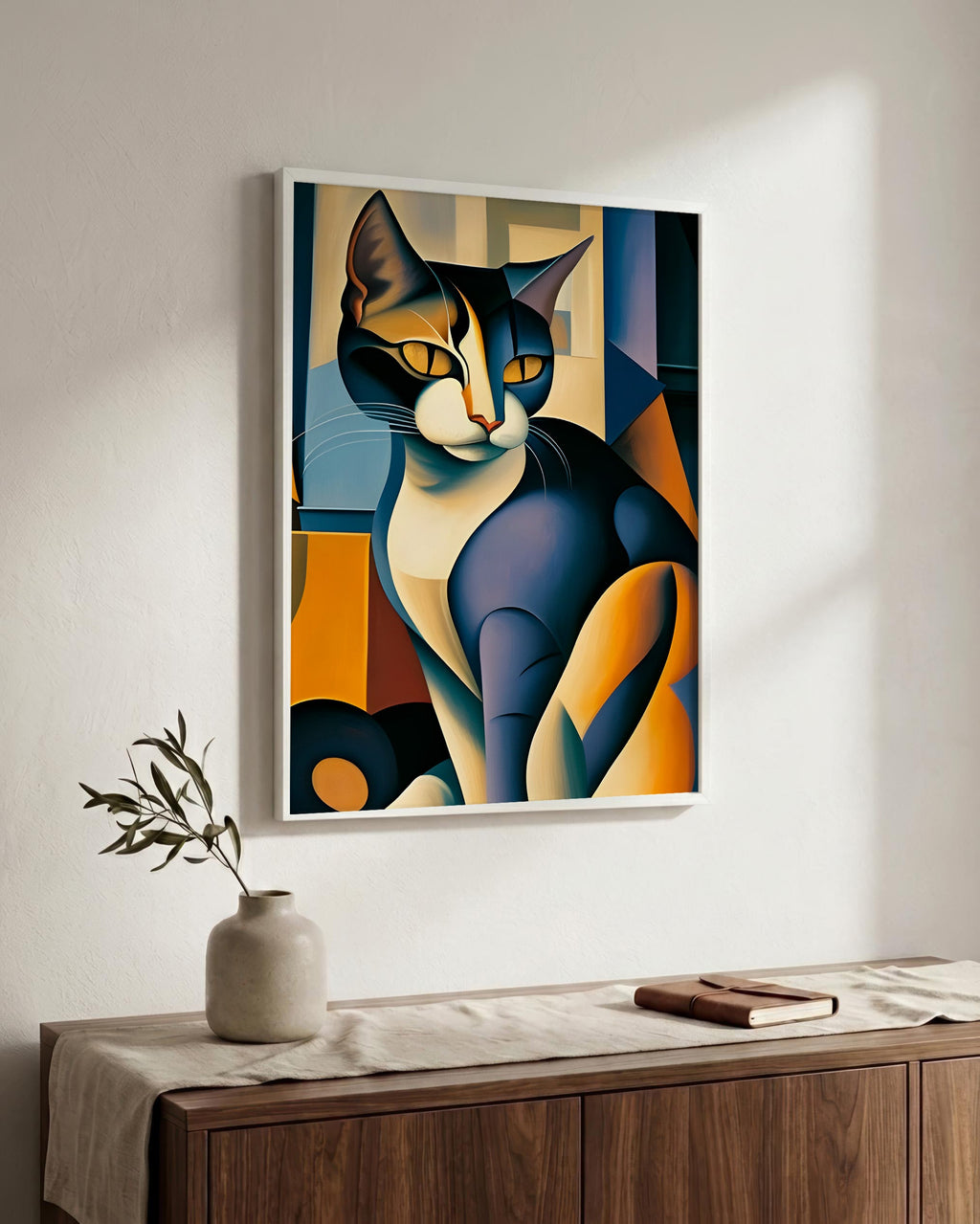 Faceted Cat Portrait in a white wood frame