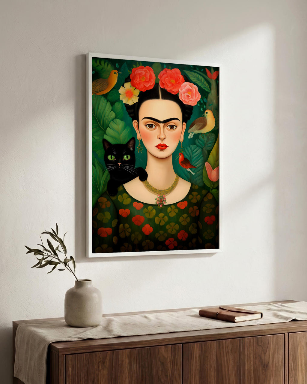 Flower-Crowned Woman & Black Cat in a white wood frame